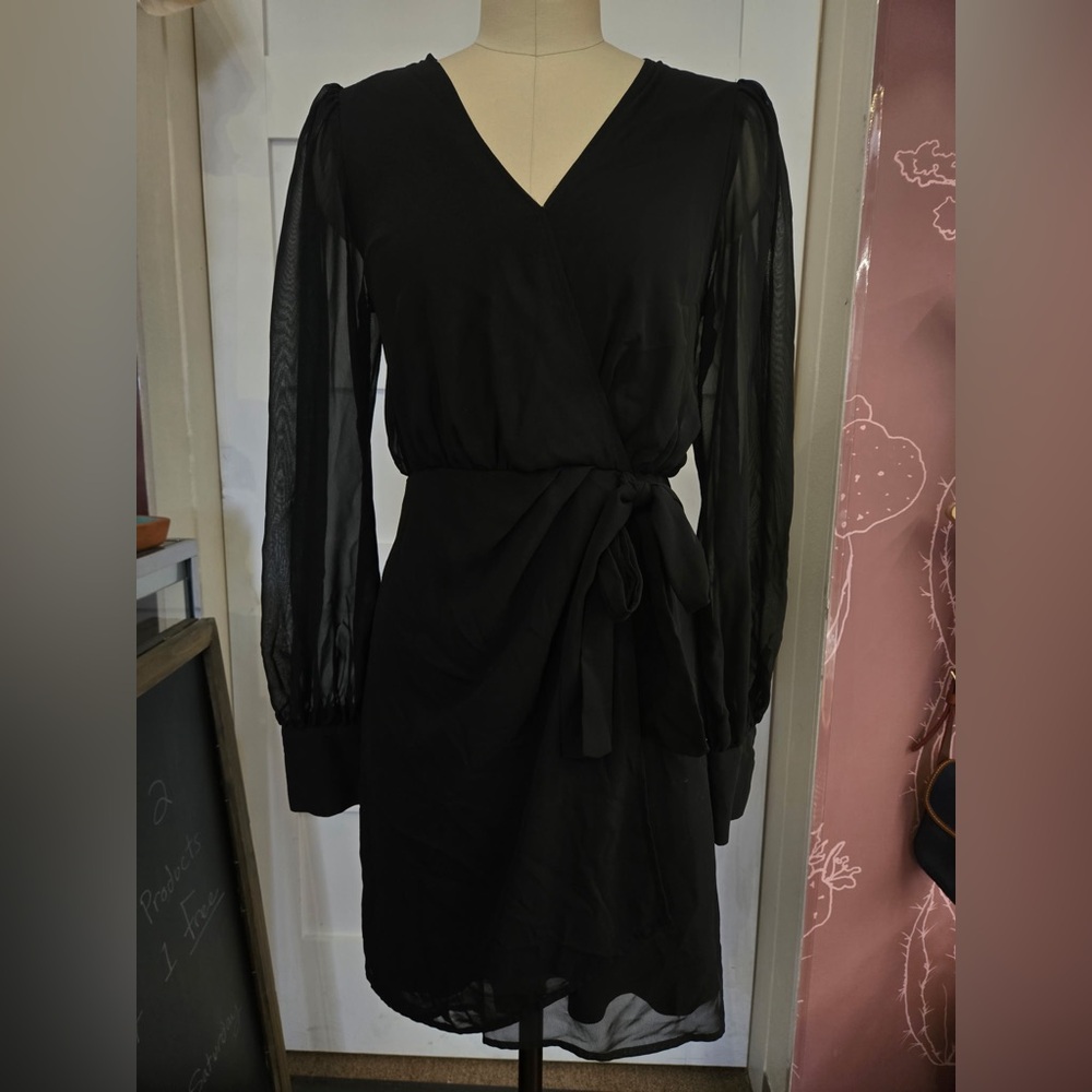 Express xs puff sheer sleeve faux wrap mini LBD dress